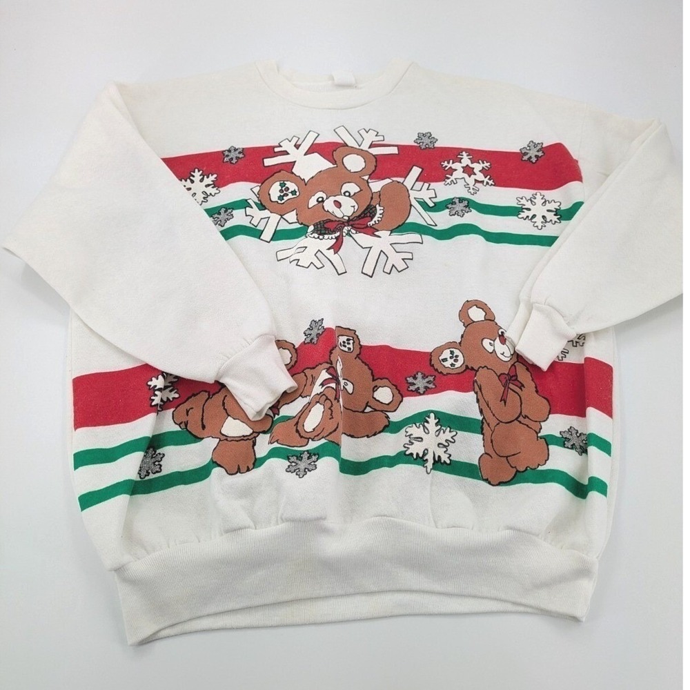Vintage 90s Christmas Teddy Bear Sweater‎ White Holiday Kitsch Cottagecore OS